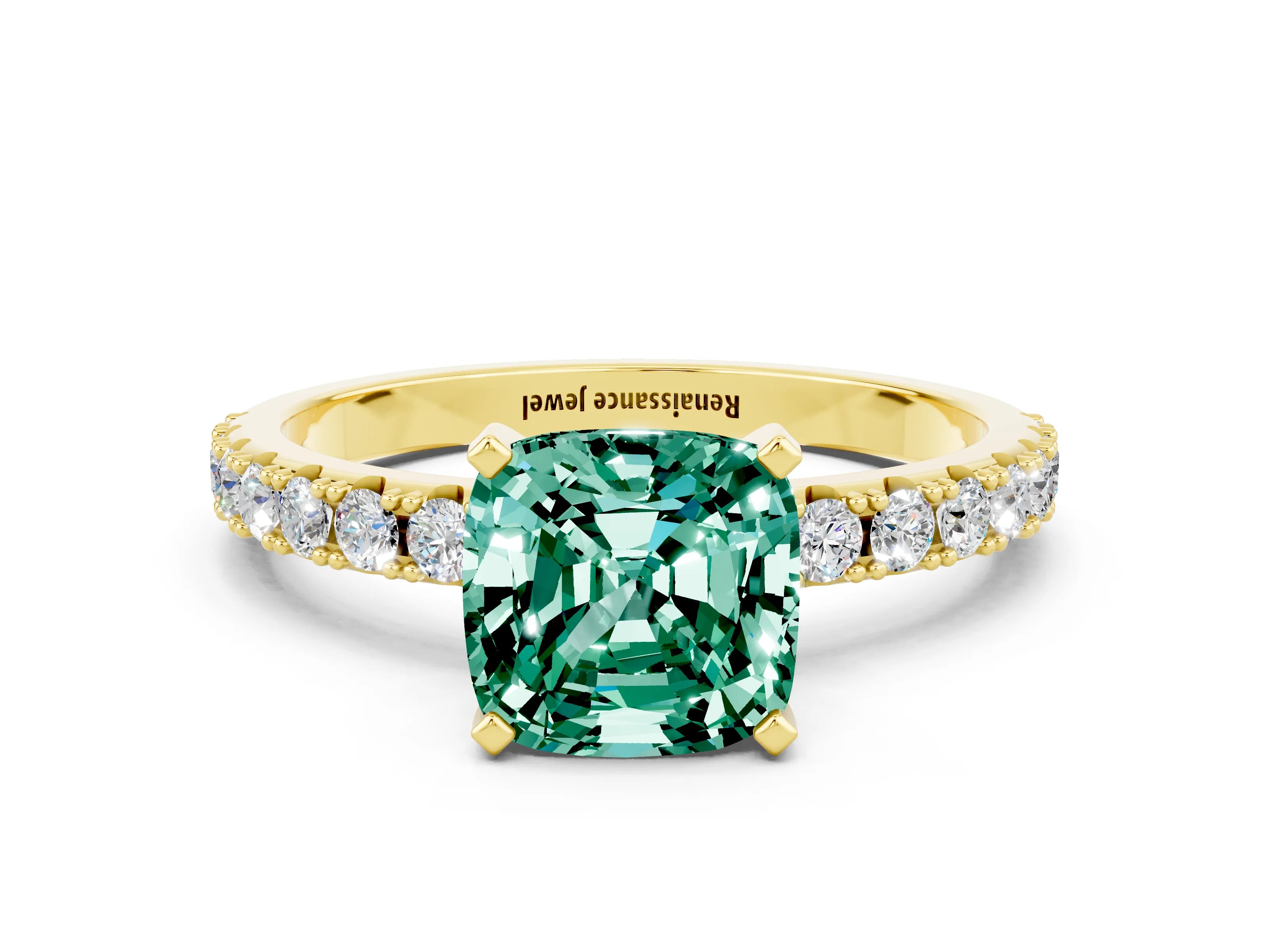Yellow gold Cushion Cut Green Sapphire Solitaire Pavé Band with Four-Prong Setting