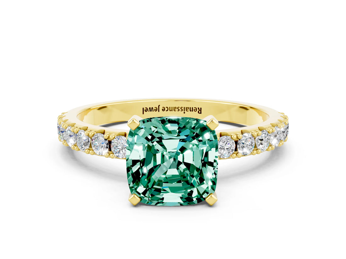 Yellow gold Cushion Cut Green Sapphire Solitaire Pavé Band with Four-Prong Setting