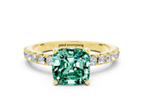 Yellow gold Cushion Cut Green Sapphire Solitaire Pavé Band with Four-Prong Setting