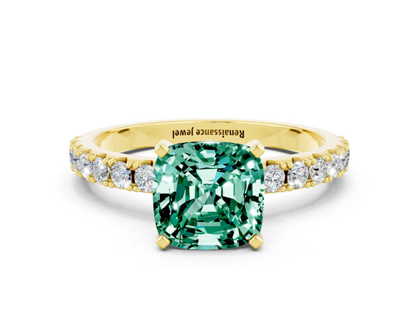 Yellow gold Cushion Cut Green Sapphire Solitaire Pavé Band with Four-Prong Setting