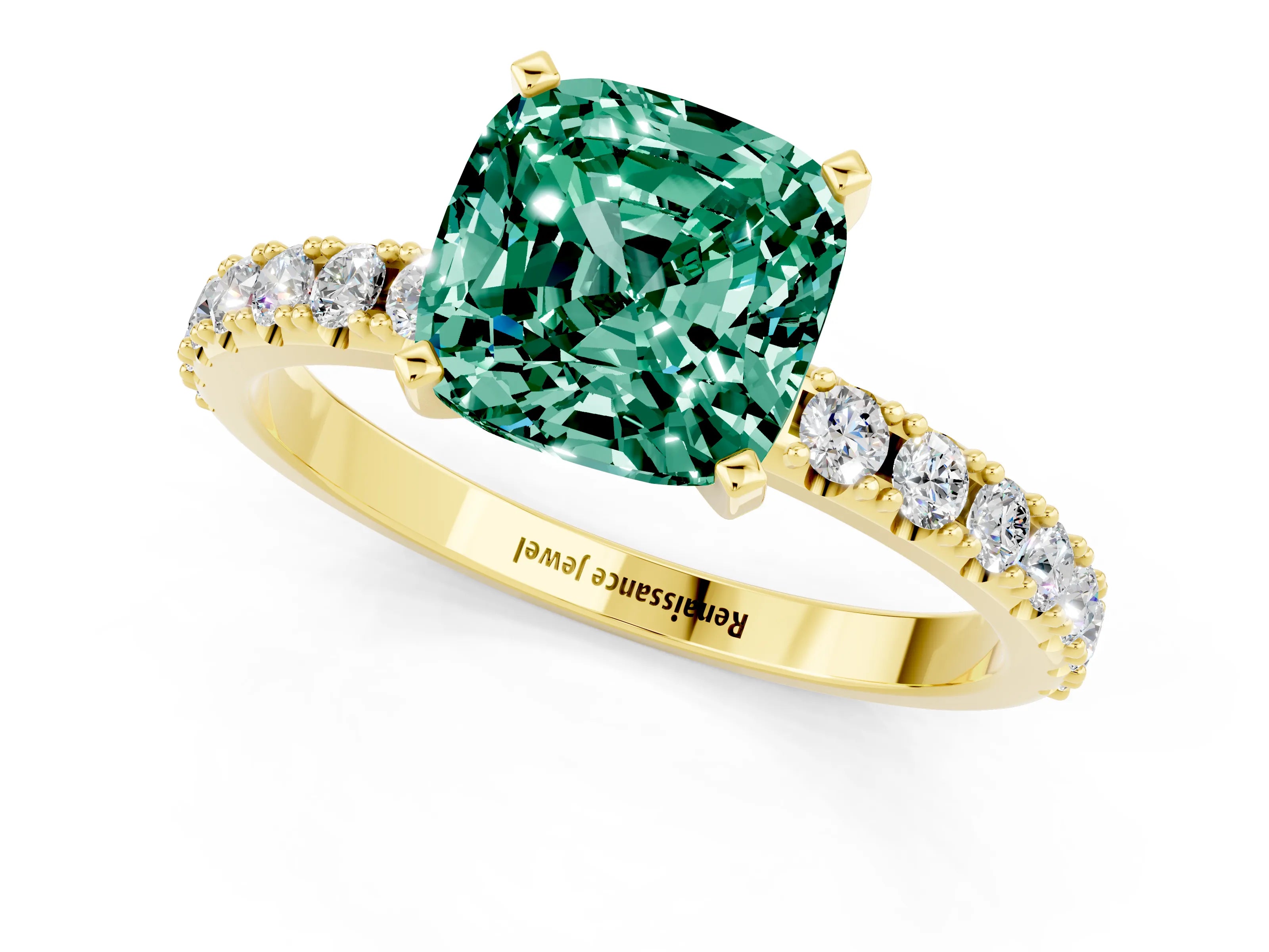Yellow gold Cushion Cut Green Sapphire Solitaire Pavé Band with Four-Prong Setting_1