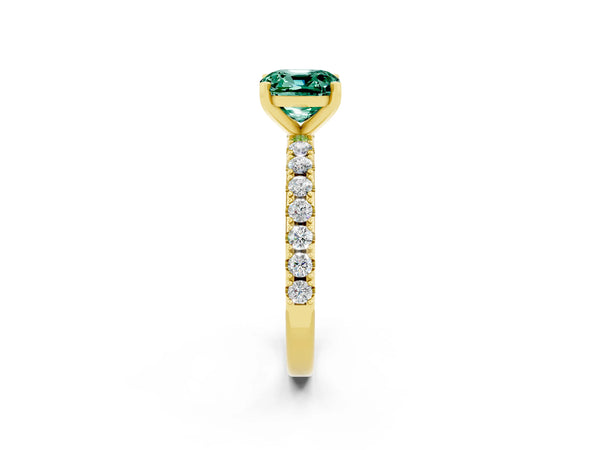 Yellow gold Cushion Cut Green Sapphire Solitaire Pavé Band with Four-Prong Setting