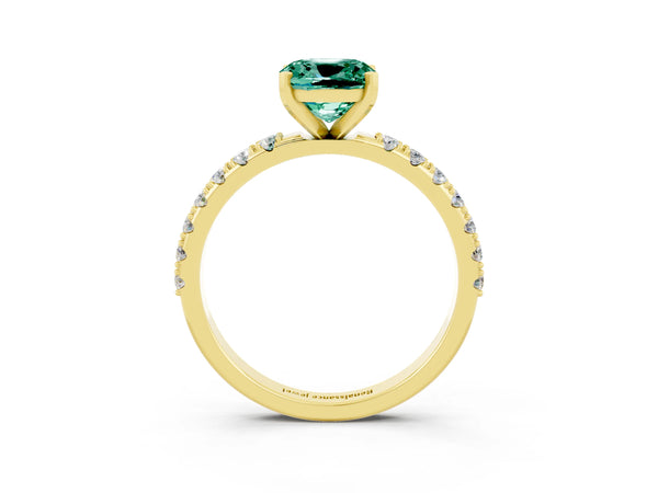 Yellow gold Cushion Cut Green Sapphire Solitaire Pavé Band with Four-Prong Setting