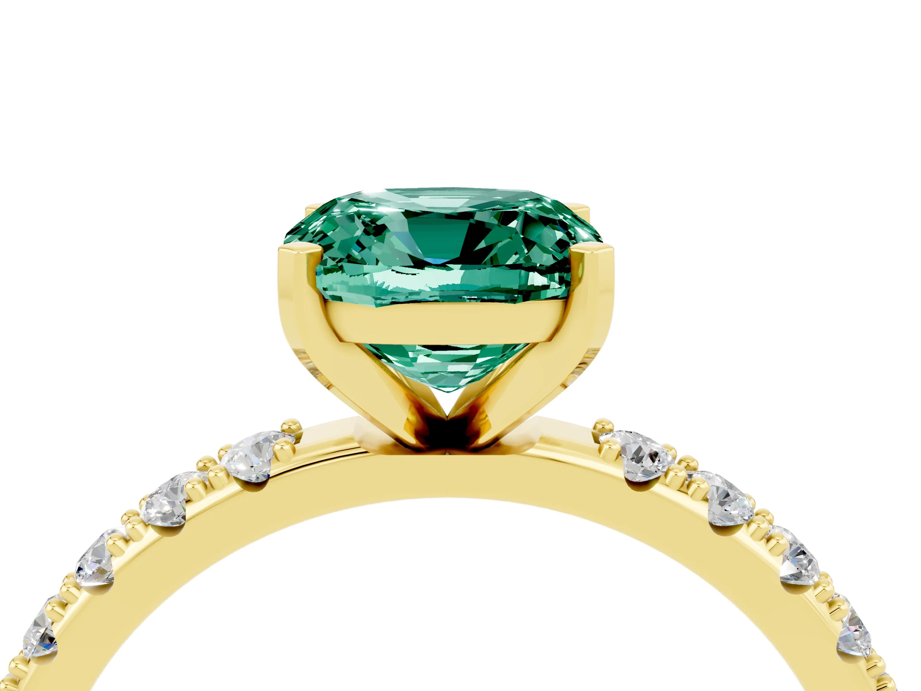 Yellow gold Cushion Cut Green Sapphire Solitaire Pavé Band with Four-Prong Setting_4
