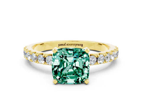 Yellow gold Cushion Cut Green Sapphire Solitaire Pavé Band with Four-Prong Setting