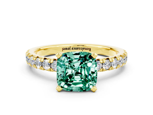Yellow gold Cushion Cut Green Sapphire Solitaire Pavé Engagement Ring with Round Band and Prong Setting