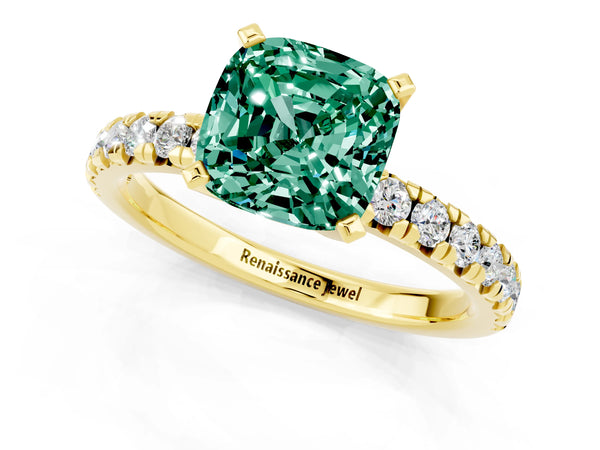Yellow gold Cushion Cut Green Sapphire Solitaire Pavé Engagement Ring with Round Band and Prong Setting