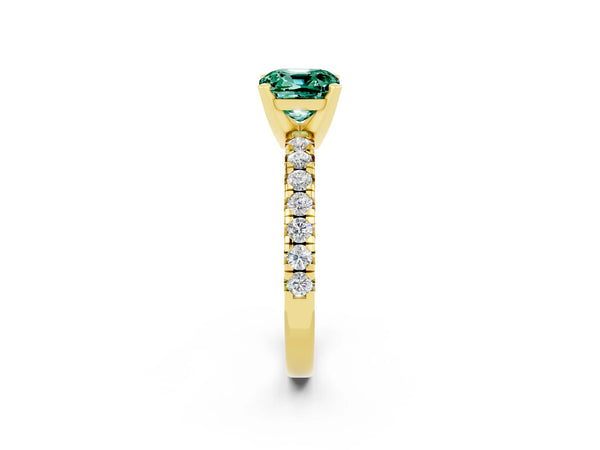Yellow gold Cushion Cut Green Sapphire Solitaire Pavé Engagement Ring with Round Band and Prong Setting