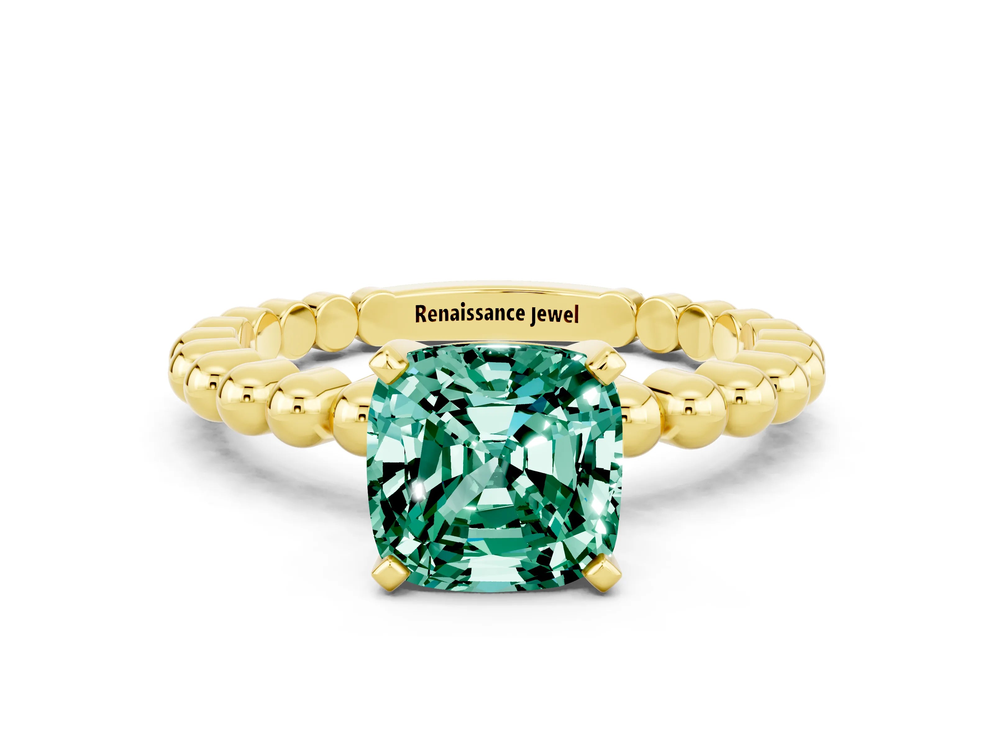 Yellow gold Cushion Cut Green Sapphire Solitaire Ring with Beaded Band and Prong Setting