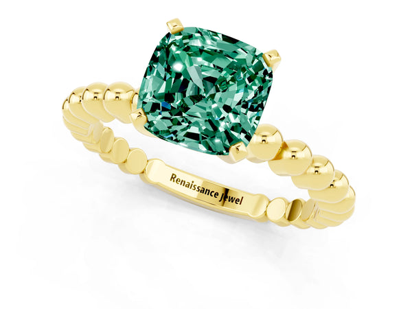 Yellow gold Cushion Cut Green Sapphire Solitaire Ring with Beaded Band and Prong Setting