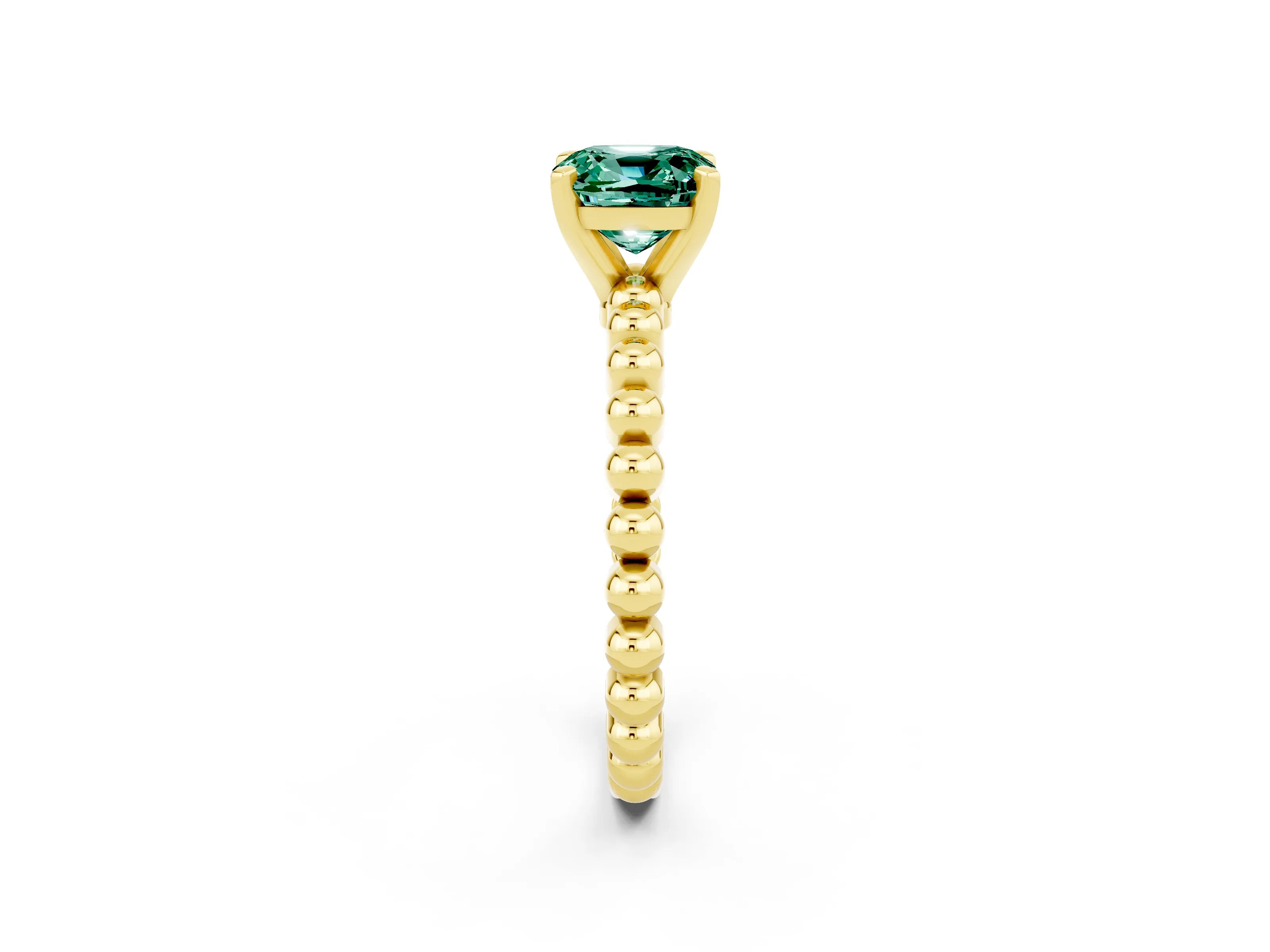 Yellow gold Cushion Cut Green Sapphire Solitaire Ring with Beaded Band and Prong Setting_2