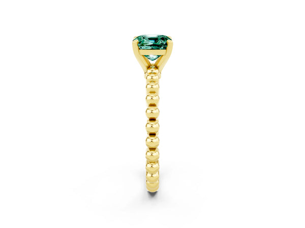 Yellow gold Cushion Cut Green Sapphire Solitaire Ring with Beaded Band and Prong Setting