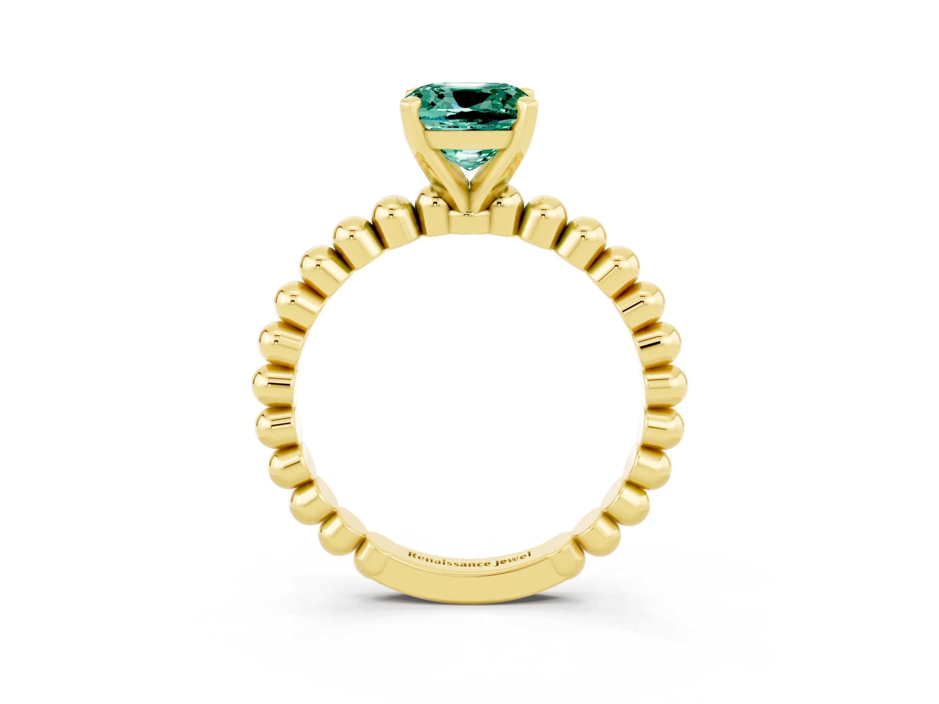 Yellow gold Cushion Cut Green Sapphire Solitaire Ring with Beaded Band and Prong Setting_3