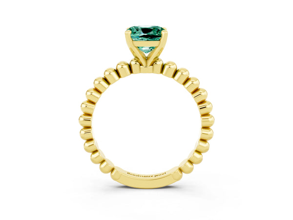 Yellow gold Cushion Cut Green Sapphire Solitaire Ring with Beaded Band and Prong Setting