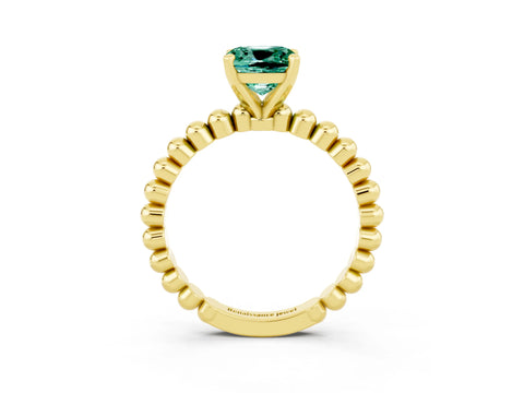 Yellow gold Cushion Cut Green Sapphire Solitaire Ring with Beaded Band and Prong Setting_3