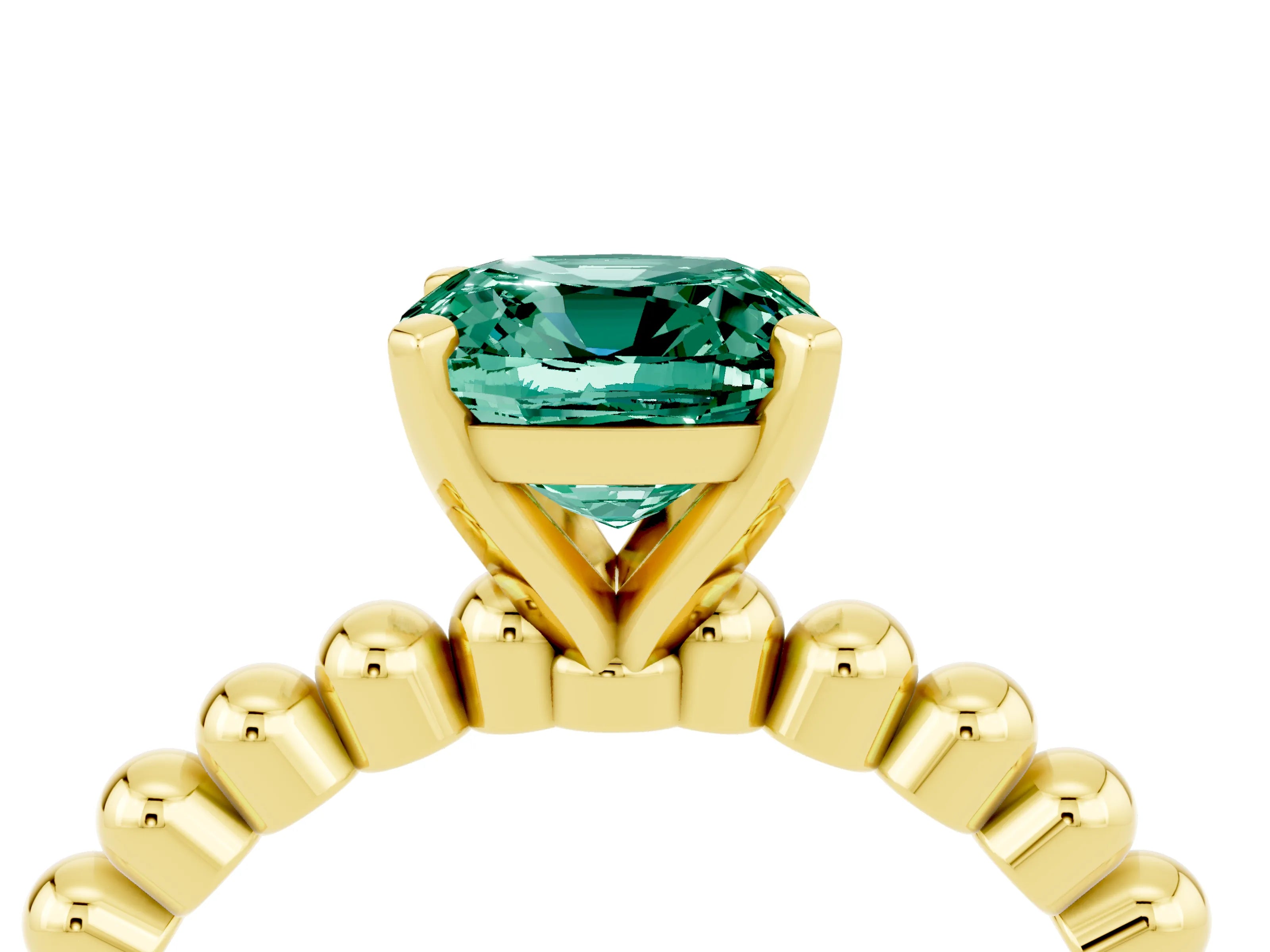 Yellow gold Cushion Cut Green Sapphire Solitaire Ring with Beaded Band and Prong Setting_4
