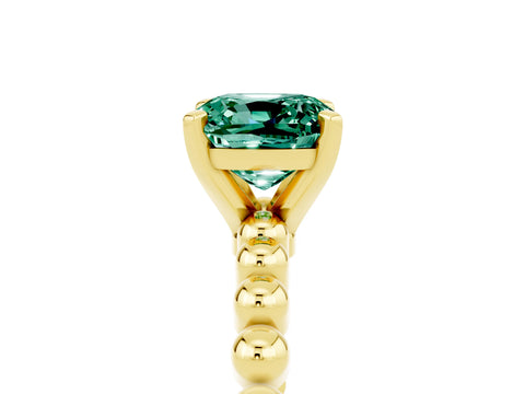 Yellow gold Cushion Cut Green Sapphire Solitaire Ring with Beaded Band and Prong Setting_5