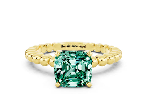 Yellow gold Cushion Cut Green Sapphire Solitaire Ring with Beaded Band and Prong Setting