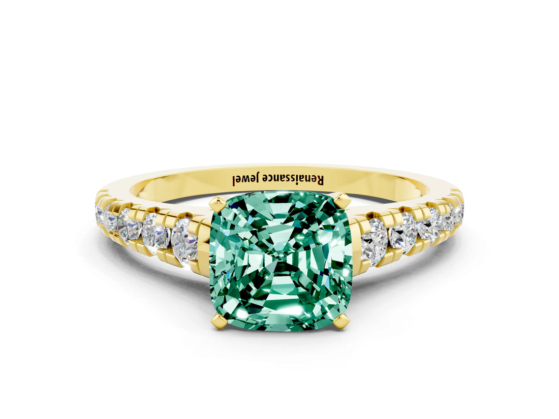 Yellow gold Cushion Cut Green Sapphire Solitaire Ring with Cathedral Setting and Pavé Band