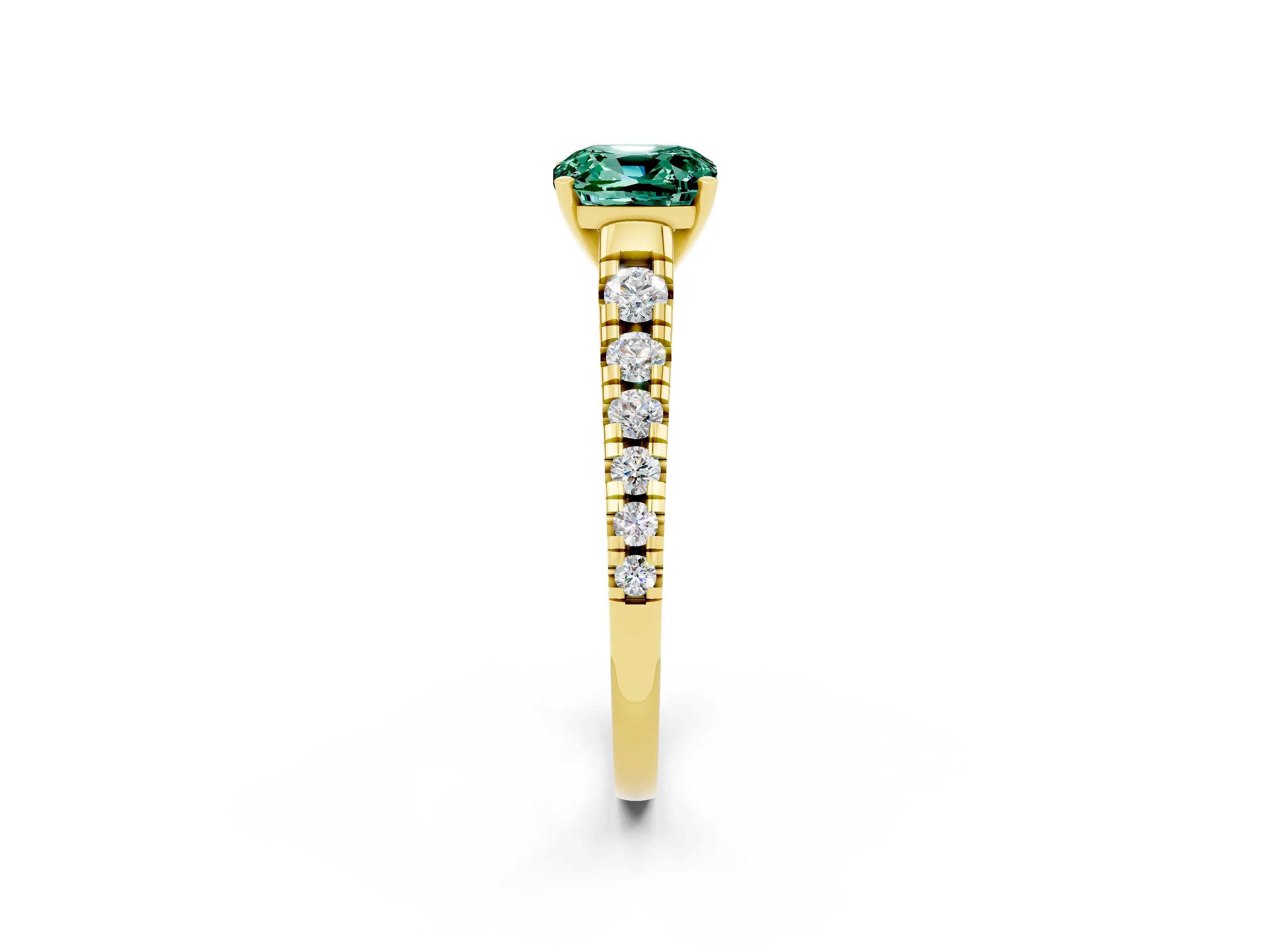 Yellow gold Cushion Cut Green Sapphire Solitaire Ring with Cathedral Setting and Pavé Band_2