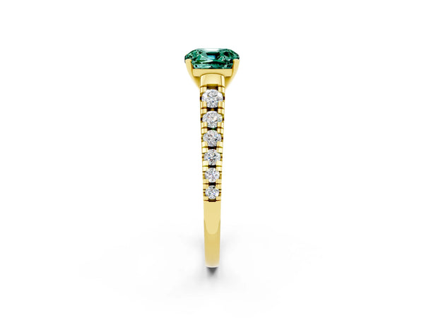 Yellow gold Cushion Cut Green Sapphire Cathedral Solitaire Ring with Round  Pavé Band