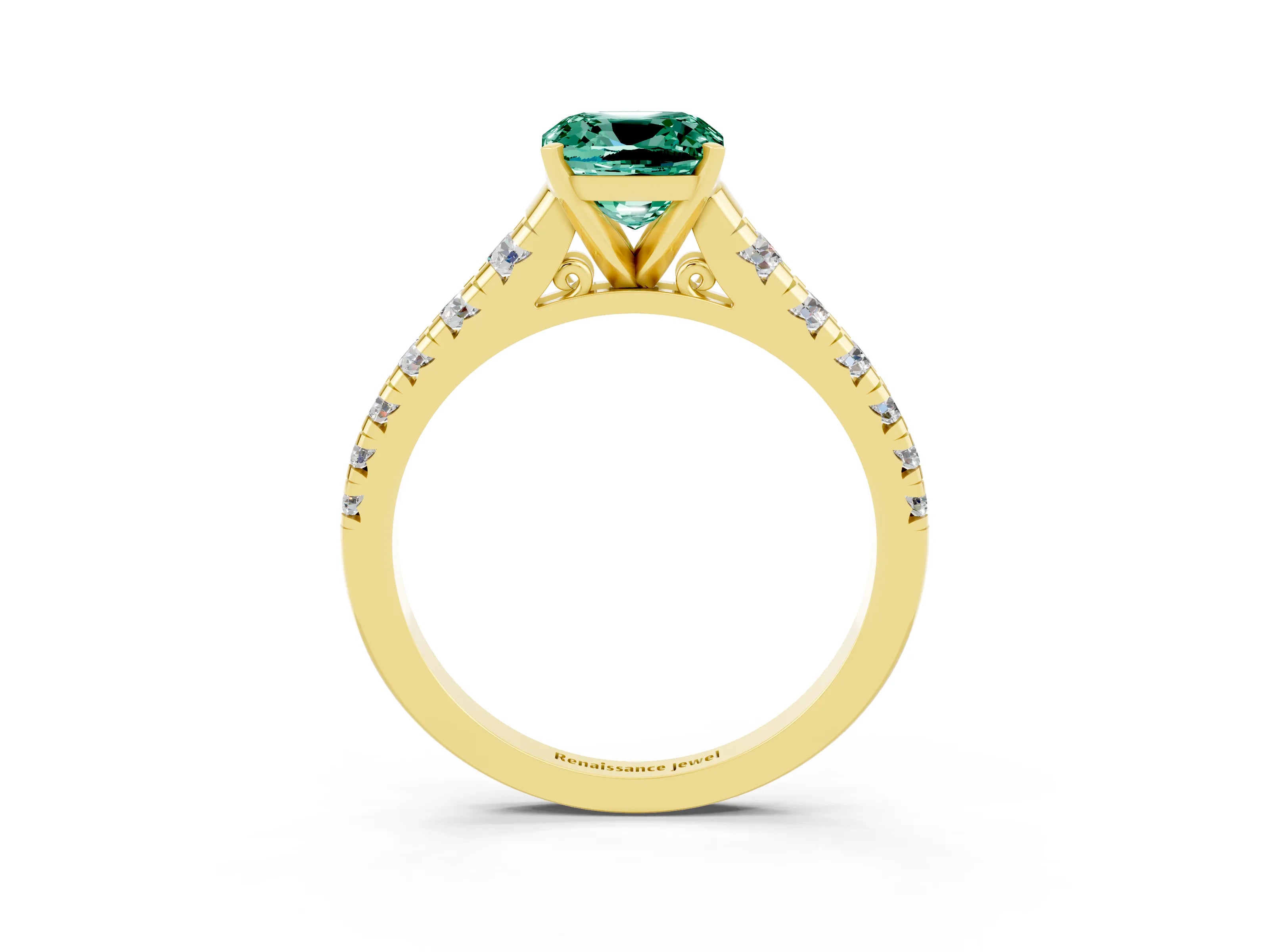 Yellow gold Cushion Cut Green Sapphire Solitaire Ring with Cathedral Setting and Pavé Band_3