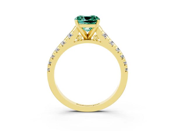 Yellow gold Cushion Cut Green Sapphire Cathedral Solitaire Ring with Round  Pavé Band