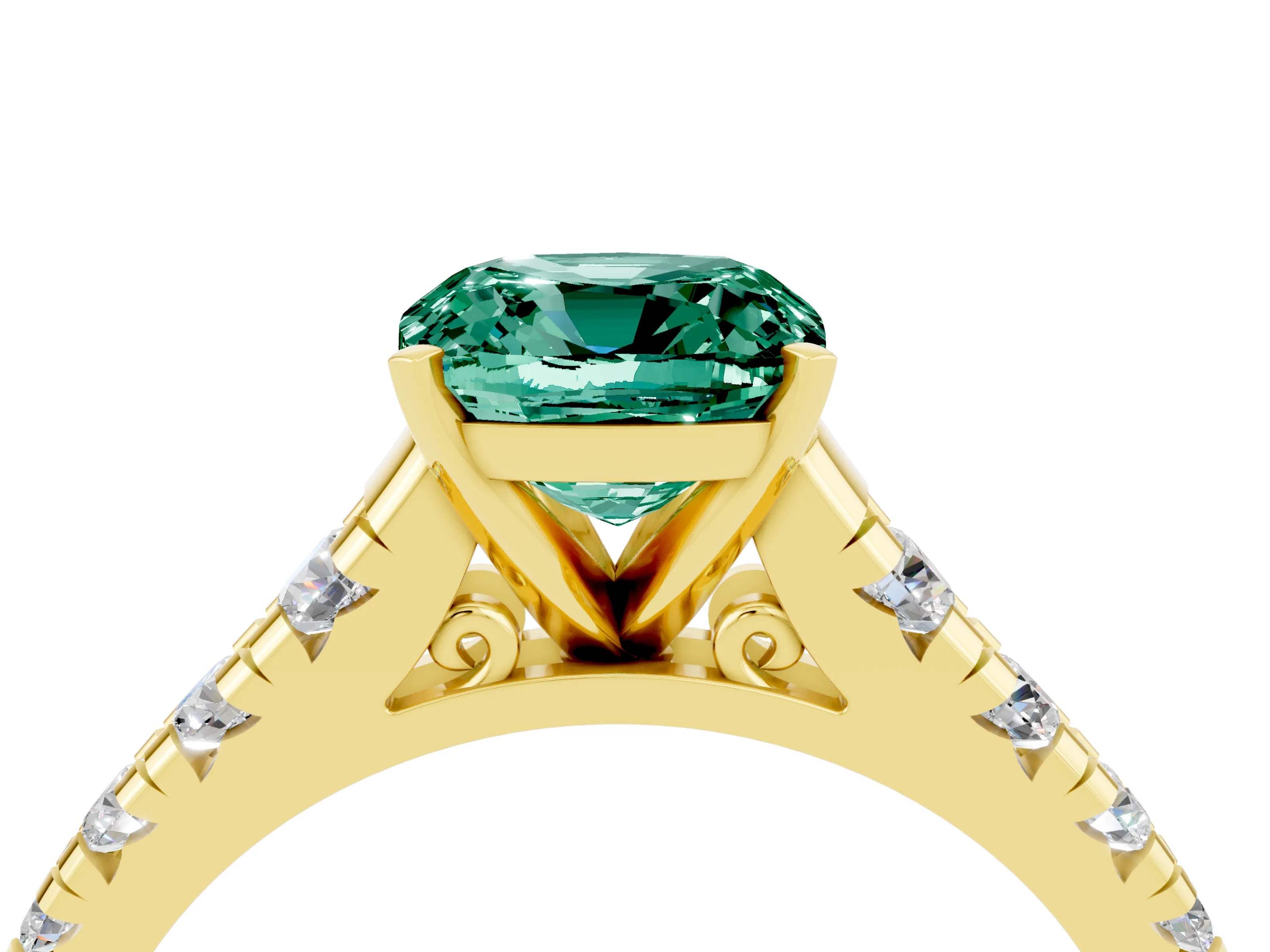 Yellow gold Cushion Cut Green Sapphire Solitaire Ring with Cathedral Setting and Pavé Band_4