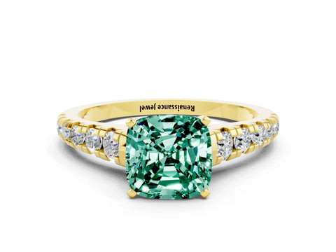 Yellow gold Cushion Cut Green Sapphire Solitaire Ring with Cathedral Setting and Pavé Band