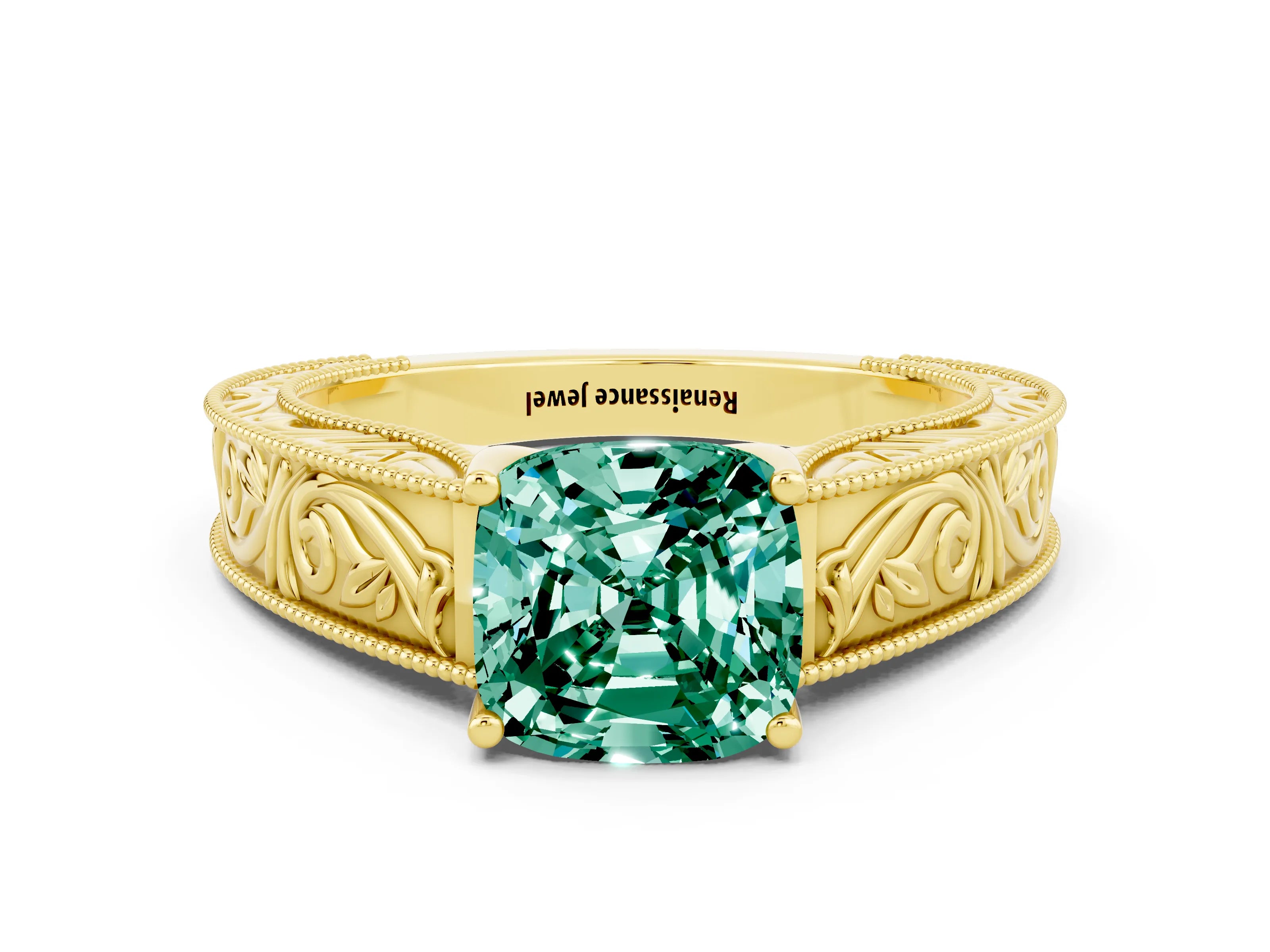 Yellow gold Cushion Cut Green Sapphire Solitaire Ring with Engraved Band and Four-Prong Setting