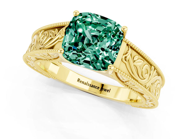 Yellow gold Cushion Cut Green Sapphire Solitaire Ring with Engraved Band and Four-Prong Setting