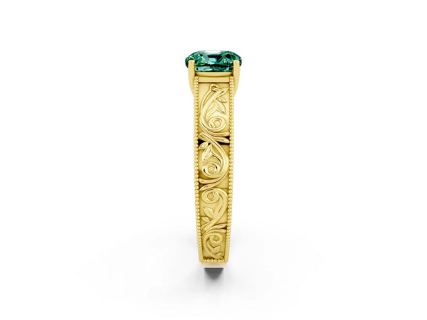 Yellow gold Cushion Cut Green Sapphire Solitaire Ring with Engraved Band and Four-Prong Setting