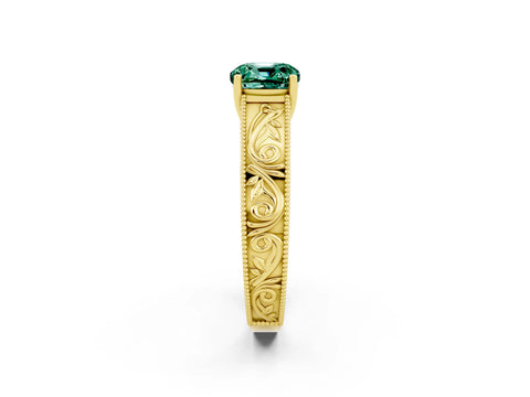 Yellow gold Cushion Cut Green Sapphire Solitaire Ring with Engraved Band and Four-Prong Setting_2