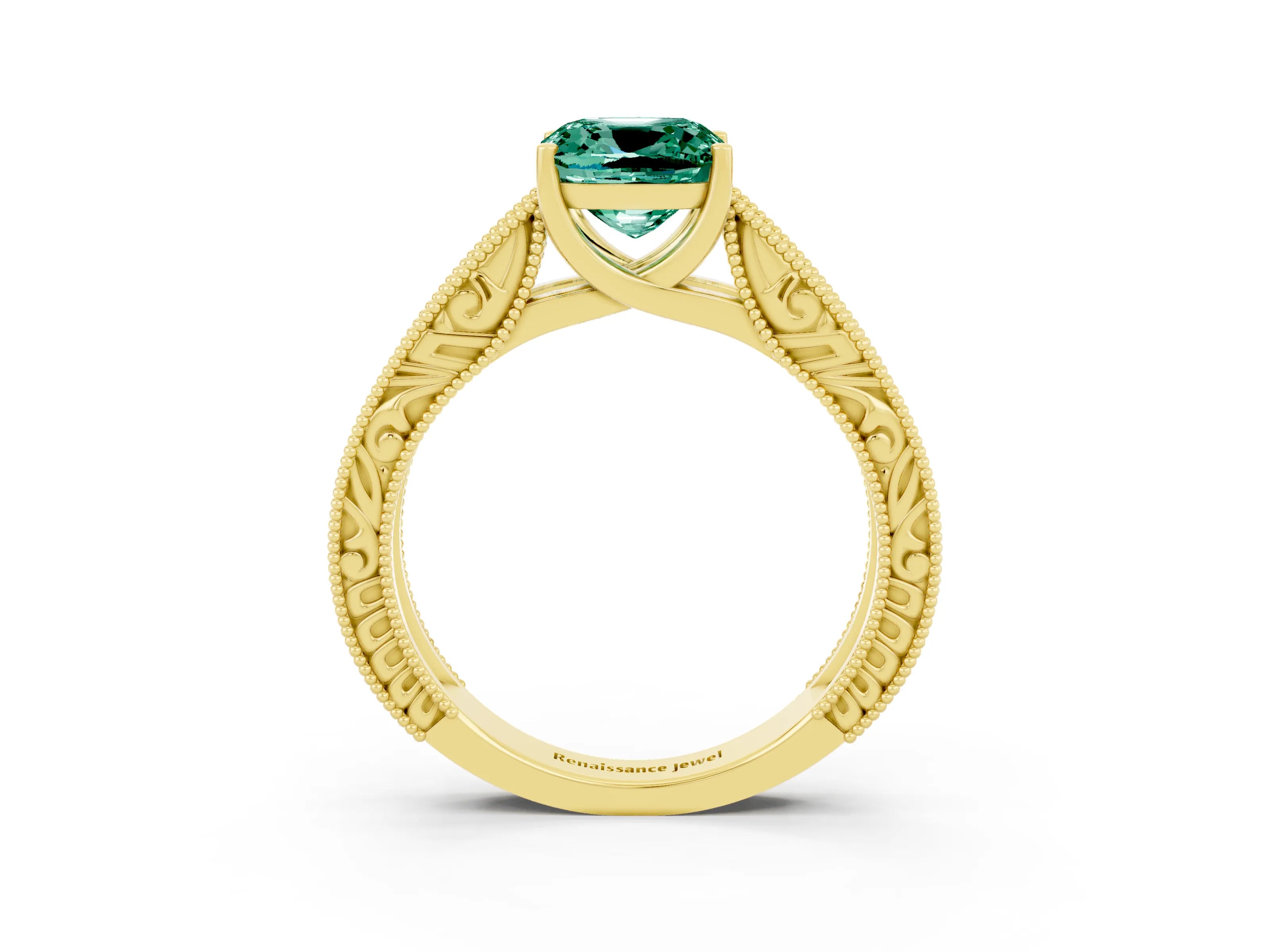 Yellow gold Cushion Cut Green Sapphire Solitaire Ring with Engraved Band and Four-Prong Setting_3