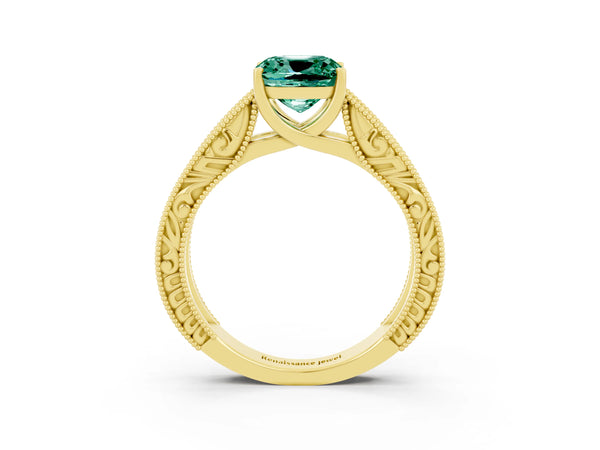 Yellow gold Cushion Cut Green Sapphire Solitaire Ring with Engraved Band and Four-Prong Setting