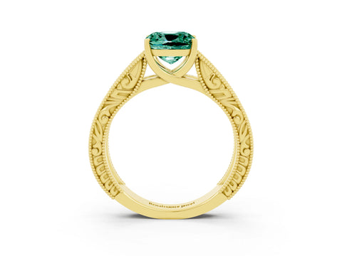 Yellow gold Cushion Cut Green Sapphire Solitaire Ring with Engraved Band and Four-Prong Setting_3