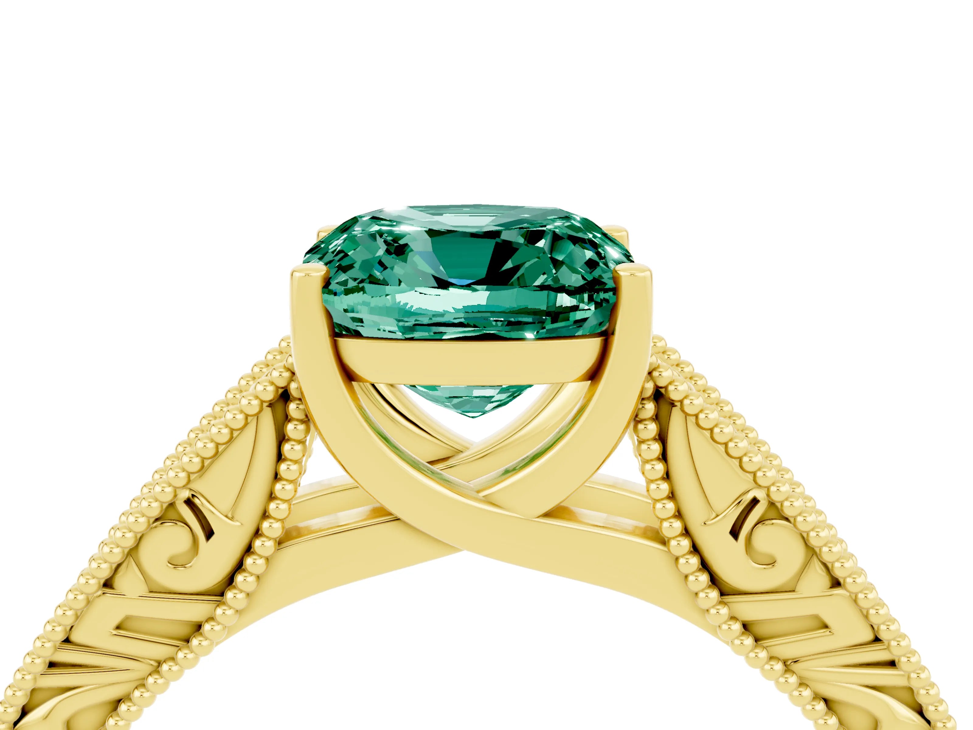 Yellow gold Cushion Cut Green Sapphire Solitaire Ring with Engraved Band and Four-Prong Setting_4