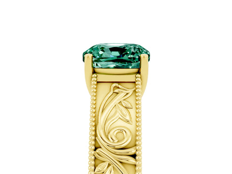 Yellow gold Cushion Cut Green Sapphire Solitaire Ring with Engraved Band and Four-Prong Setting_5