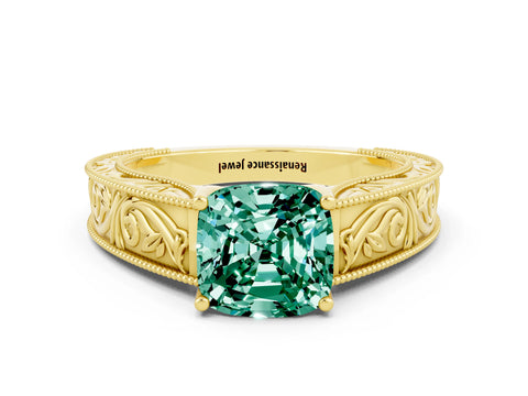 Yellow gold Cushion Cut Green Sapphire Solitaire Ring with Engraved Band and Four-Prong Setting
