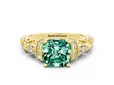 Yellow gold Cushion Cut Green Sapphire Solitaire Ring with Filigree Band and Four-Prong Setting_24