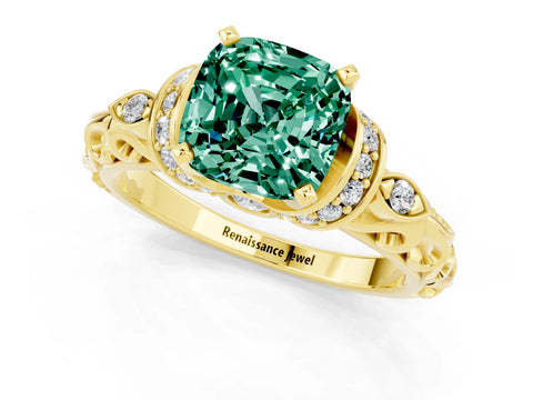 Yellow gold Cushion Cut Green Sapphire Solitaire Ring with Filigree Band and Four-Prong Setting_25