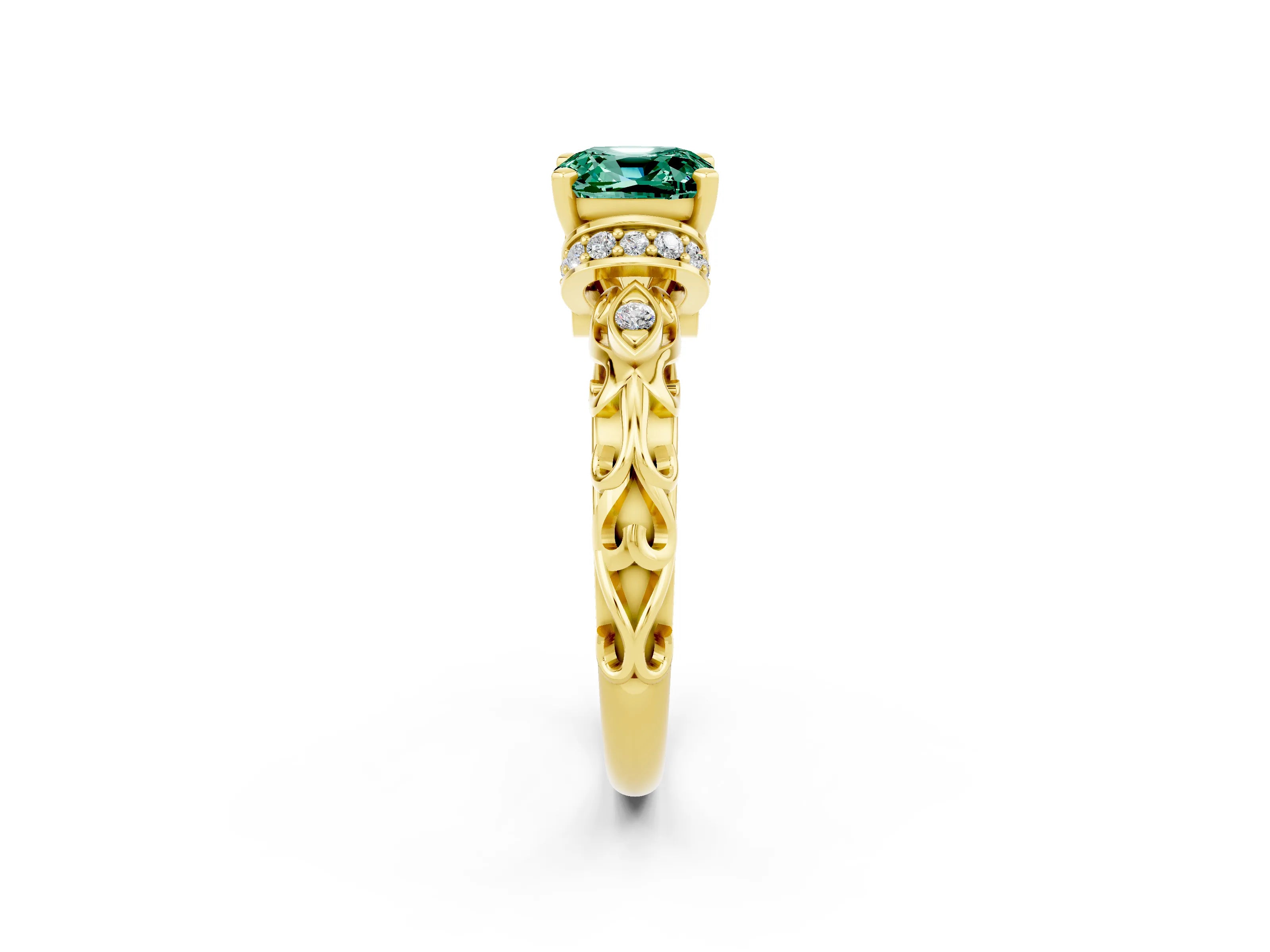 Yellow gold Cushion Cut Green Sapphire Solitaire Ring with Filigree Band and Four-Prong Setting_26