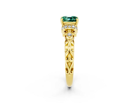 Yellow gold Cushion Cut Green Sapphire Solitaire Ring with Filigree Band and Four-Prong Setting_26