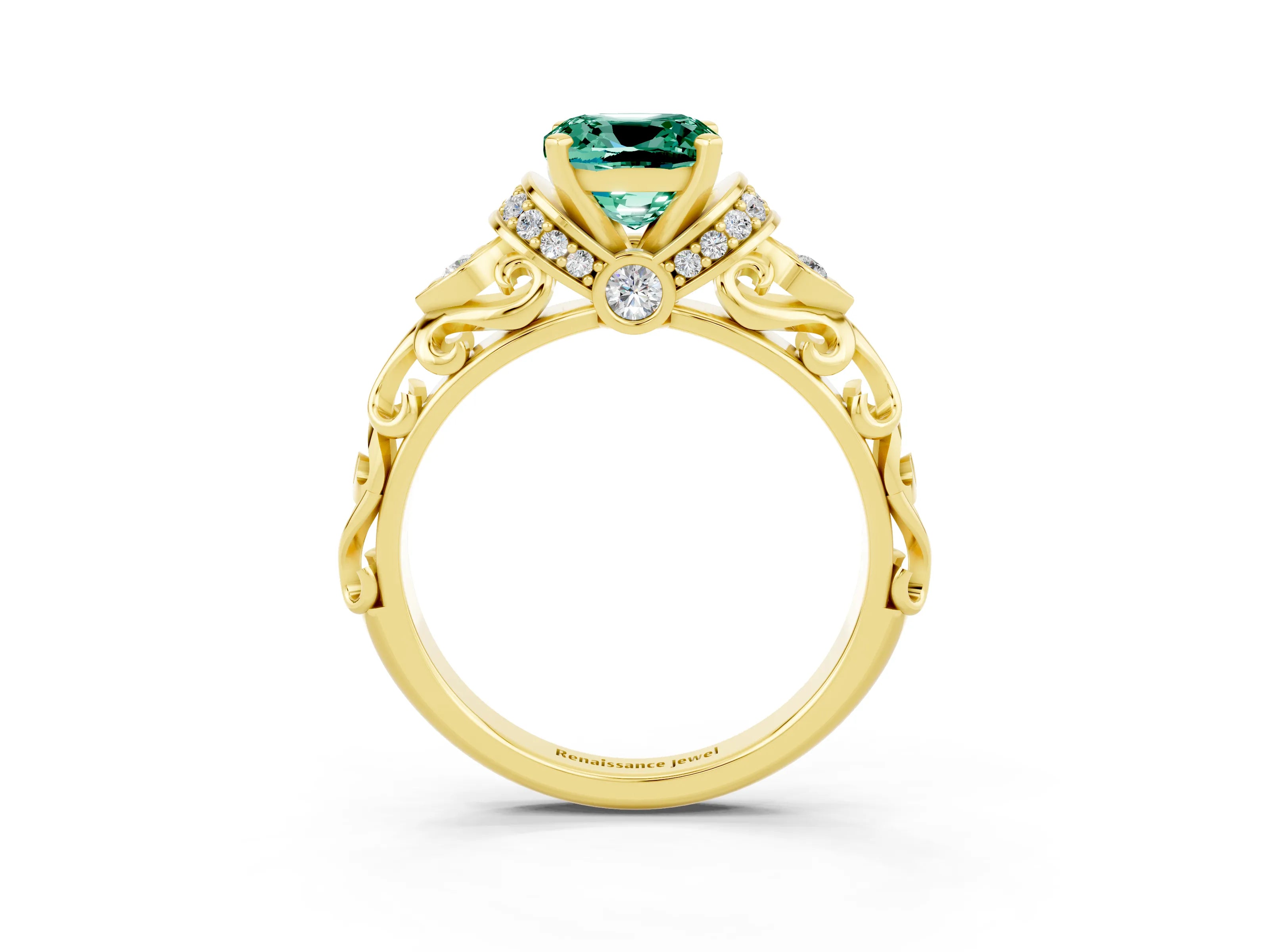 Yellow gold Cushion Cut Green Sapphire Solitaire Ring with Filigree Band and Four-Prong Setting_27
