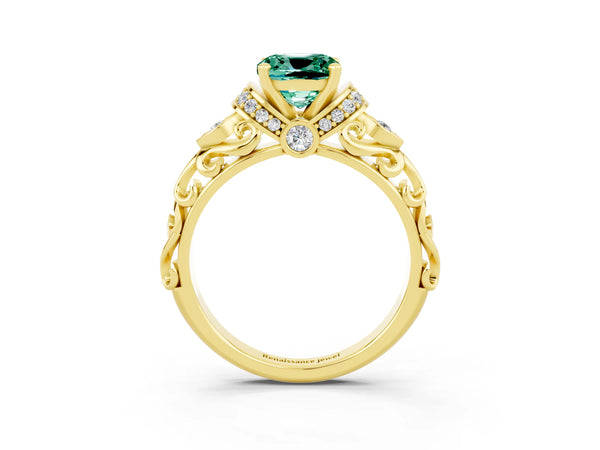 Yellow gold Cushion Cut Green Sapphire Solitaire Ring with Filigree Band and Four-Prong Setting
