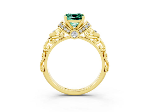 Yellow gold Cushion Cut Green Sapphire Solitaire Ring with Filigree Band and Four-Prong Setting_27