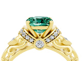 Yellow gold Cushion Cut Green Sapphire Solitaire Ring with Filigree Band and Four-Prong Setting_28