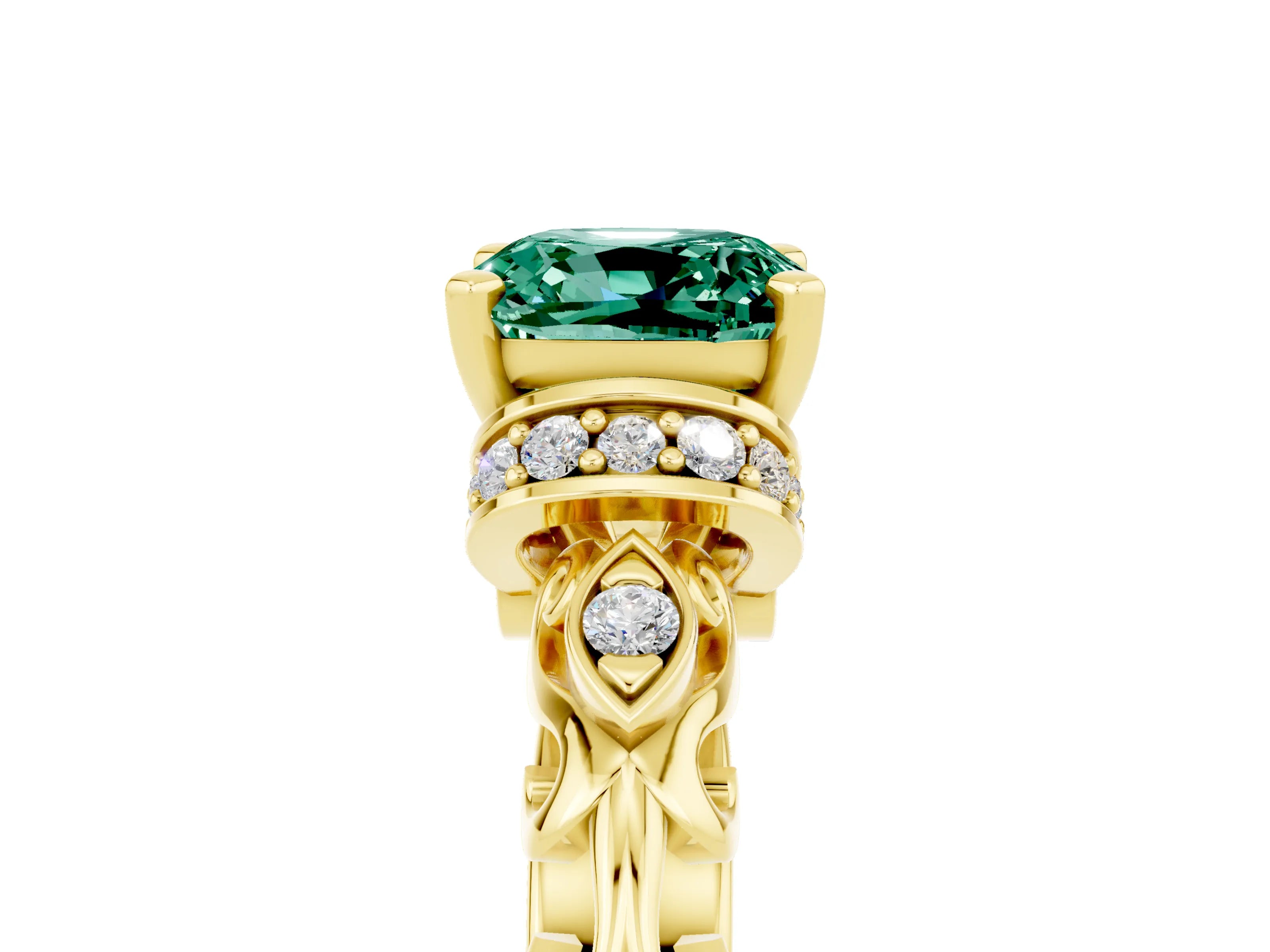 Yellow gold Cushion Cut Green Sapphire Solitaire Ring with Filigree Band and Four-Prong Setting_29