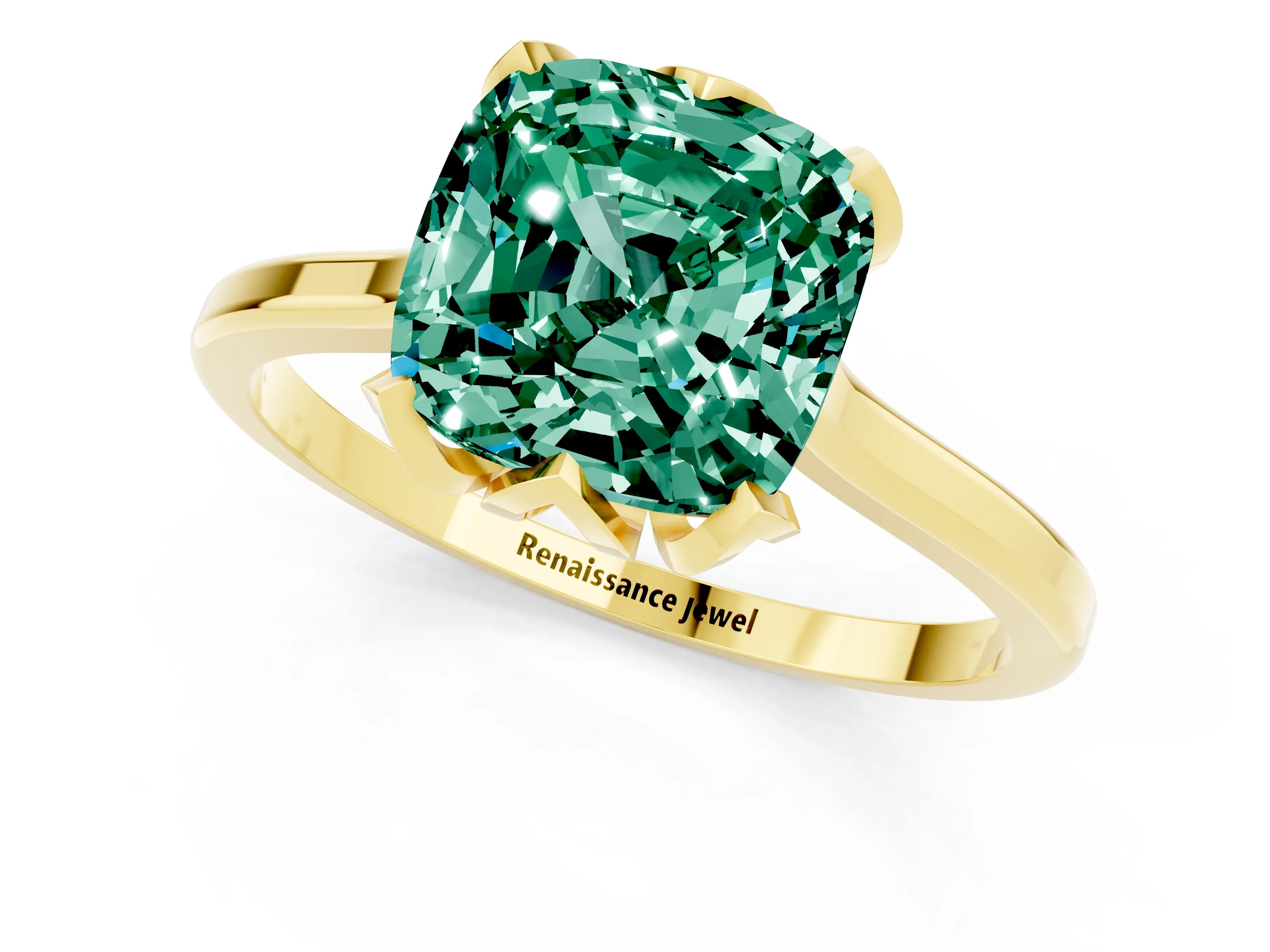 Yellow gold Cushion Cut Green Sapphire Solitaire Ring with Flower Prong Setting and Classic Band_13