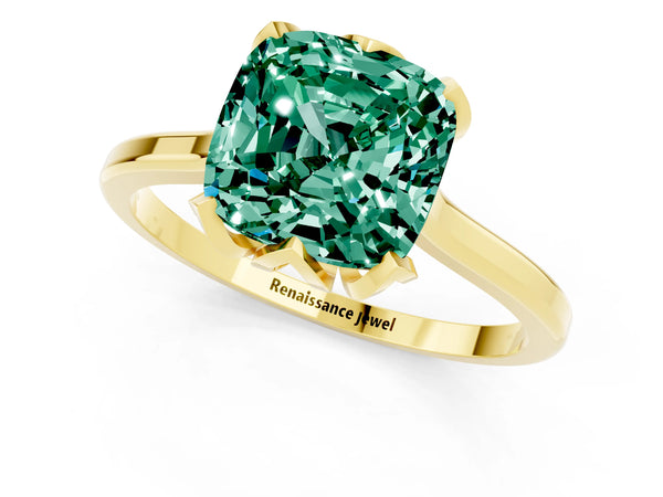 Yellow gold Cushion Cut Green Sapphire Solitaire Ring with Flower Prong Setting and Classic Band